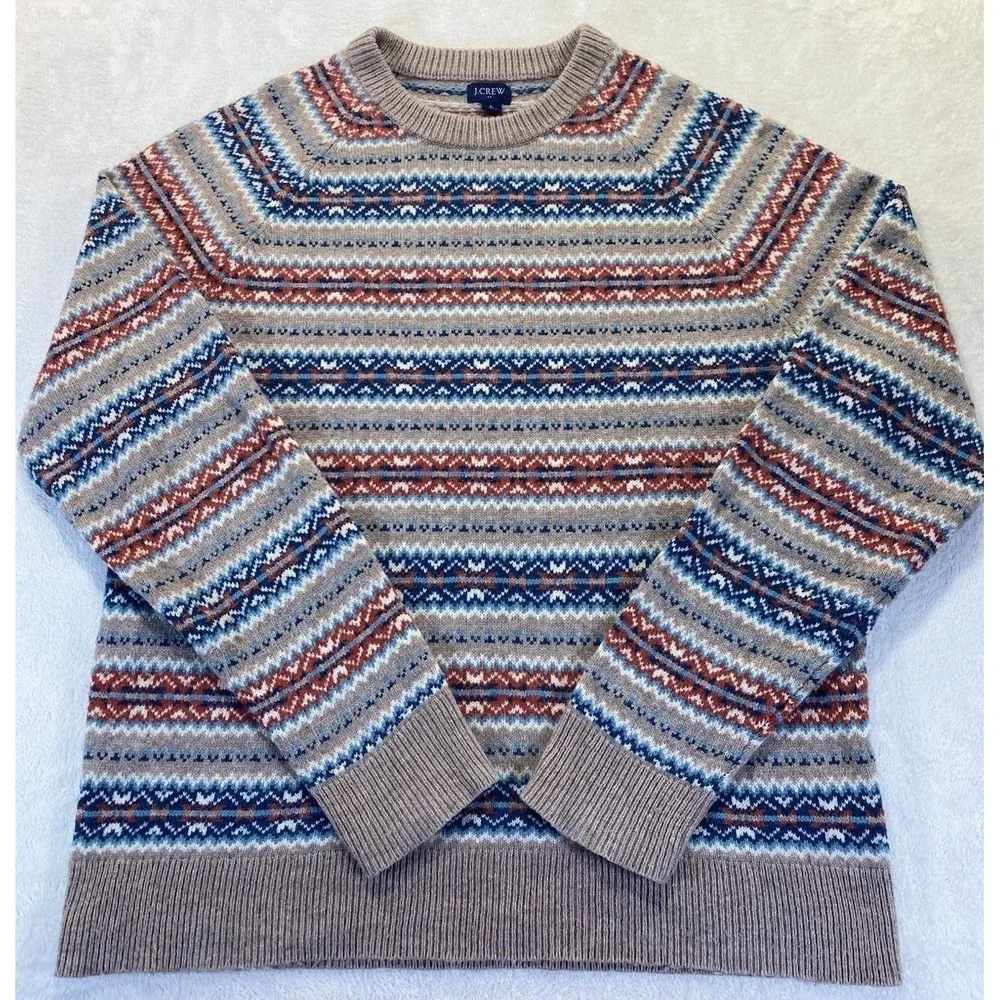 J Crew Mens L Striped Lambs Wool Sweater Beige Blue Orange Academia Dad